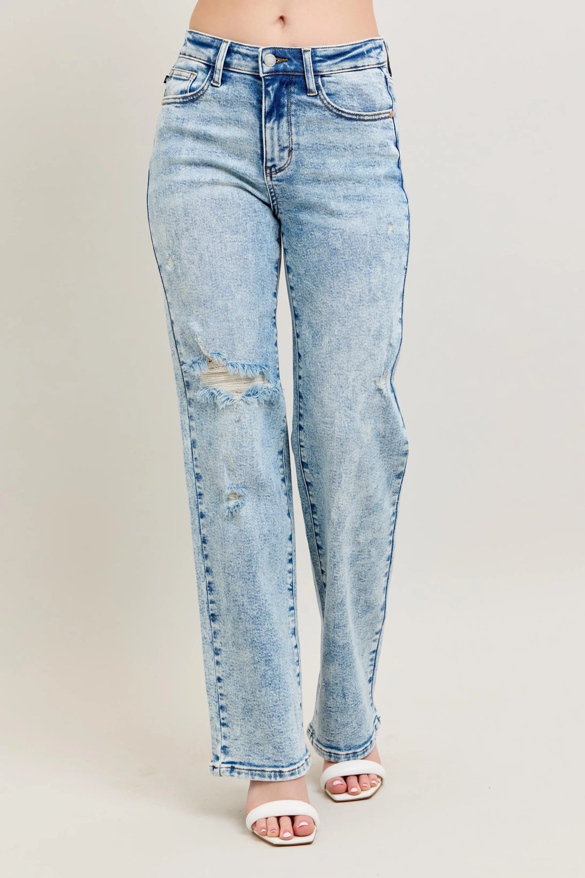 Judy Blue Full Size Hw Mineral Wash Destroy 90's Straight Jeans Plus Size - Ladyez