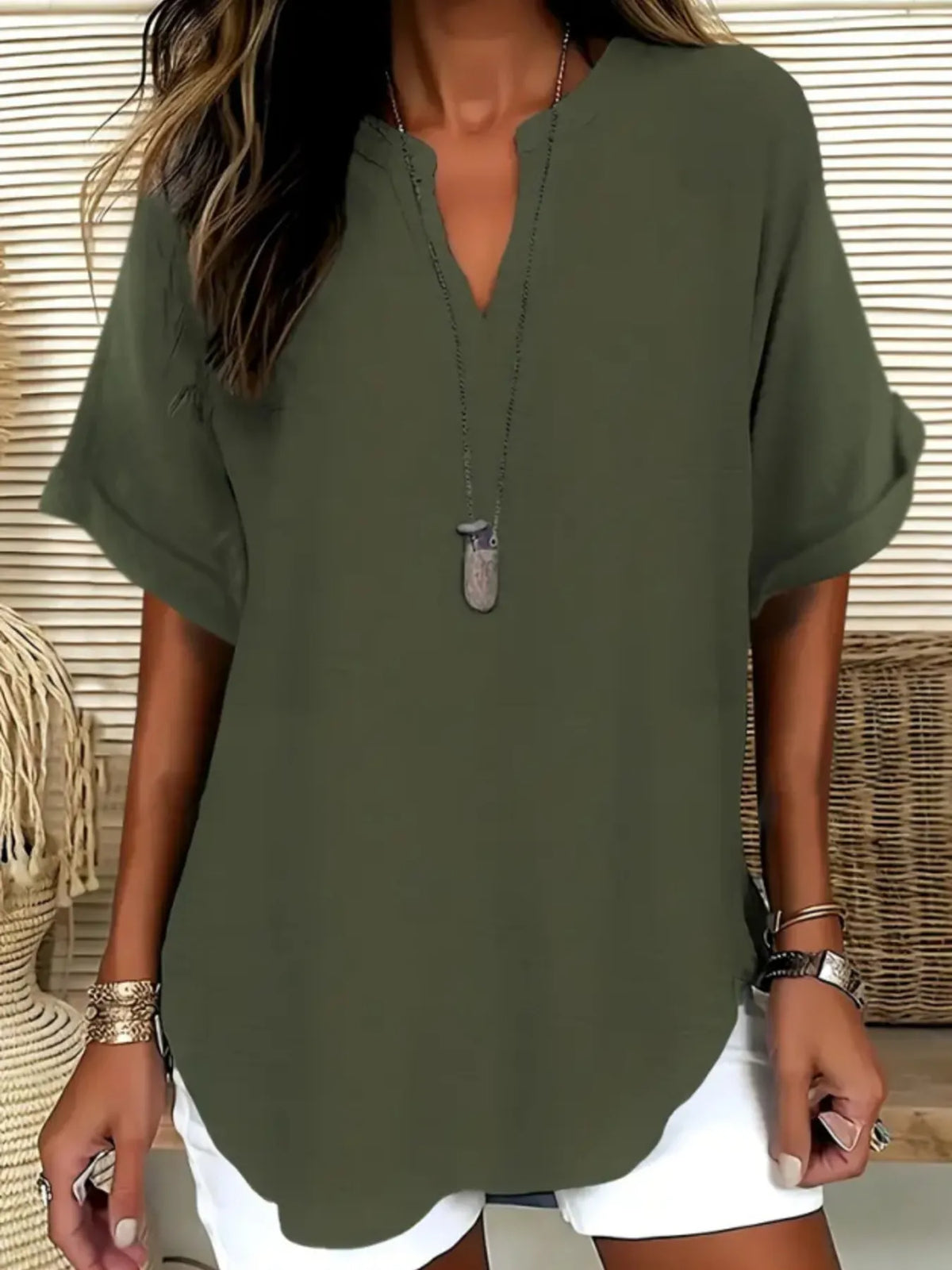 Casual Notched Short Sleeve Blouse - Ladyez