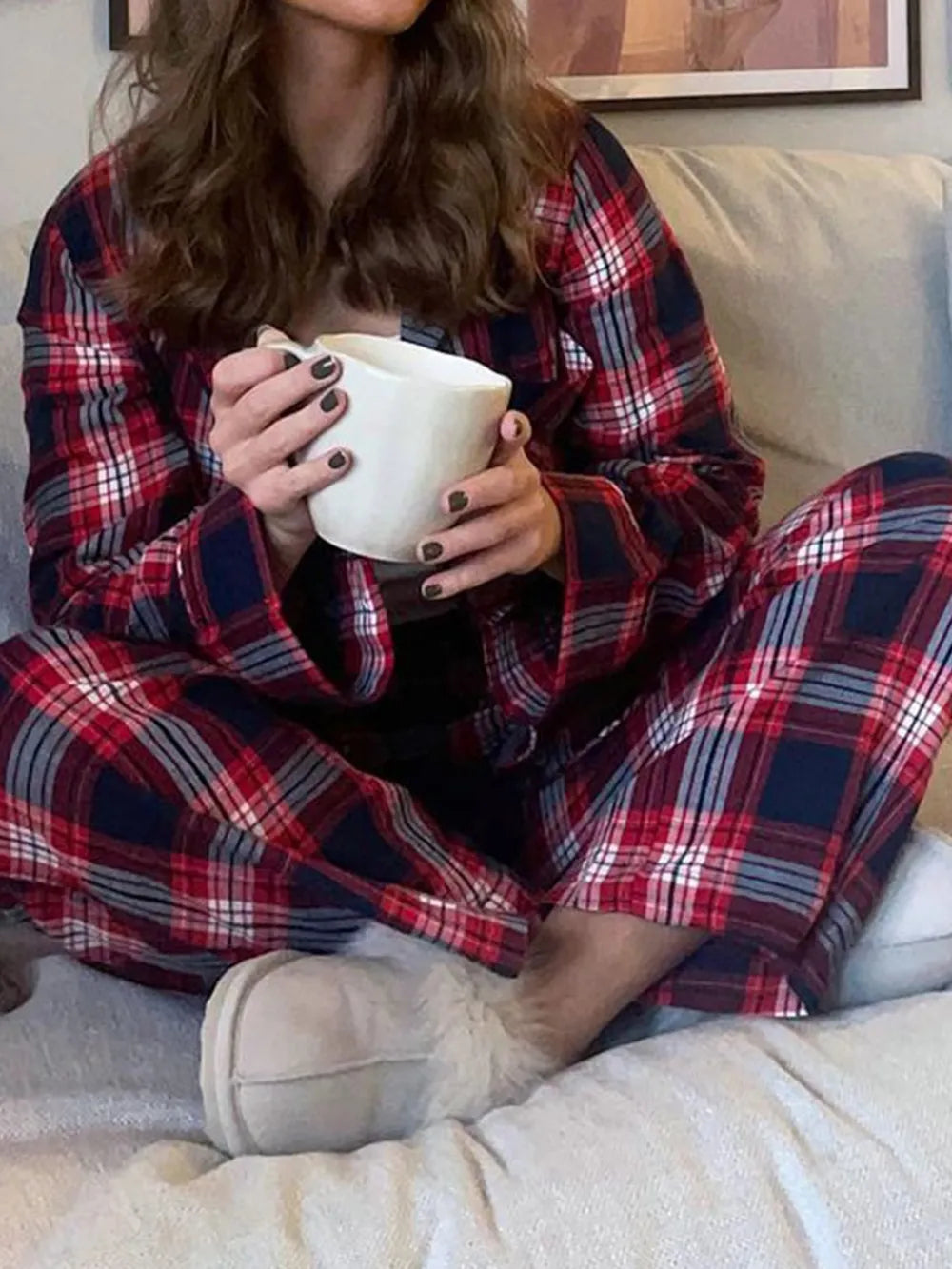 Plaid Collared Neck Button Up Top and Pants Lounge Set - Ladyez