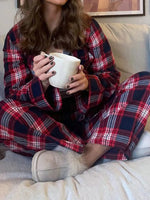 Plaid Collared Neck Button Up Top and Pants Lounge Set - Ladyez