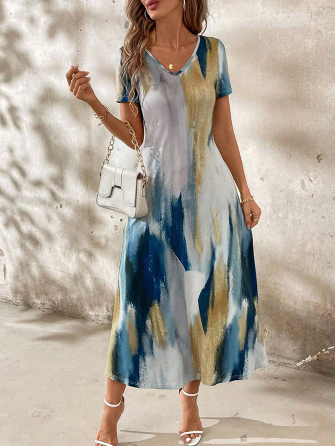 Tie-Dye V-Neck Short Sleeve Midi Tee Dress - Ladyez