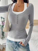 Contrast Long Sleeve Fake Two-Piece T-Shirt