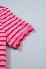 Stripe Striped Short Sleeve Scalloped Trim Side Slit Maxi Tee Dress