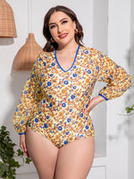 Plus Size Floral Open Back Long Sleeve One-Piece Swimsuit - Ladyez