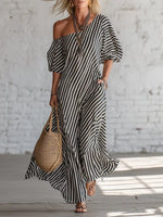 Full Size Striped One-Shoulder Casual Maxi Dress Plus Size