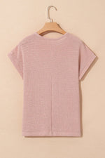 Lace Patchwork Waffle Short Sleeve Knit Top
