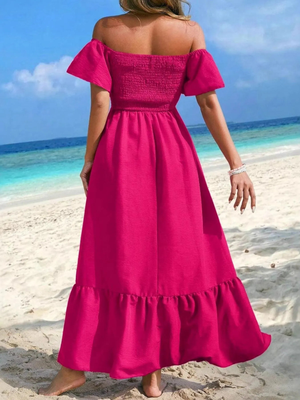 Off-Shoulder Smocked Maxi Dress with Ruffle Hem - Ladyez