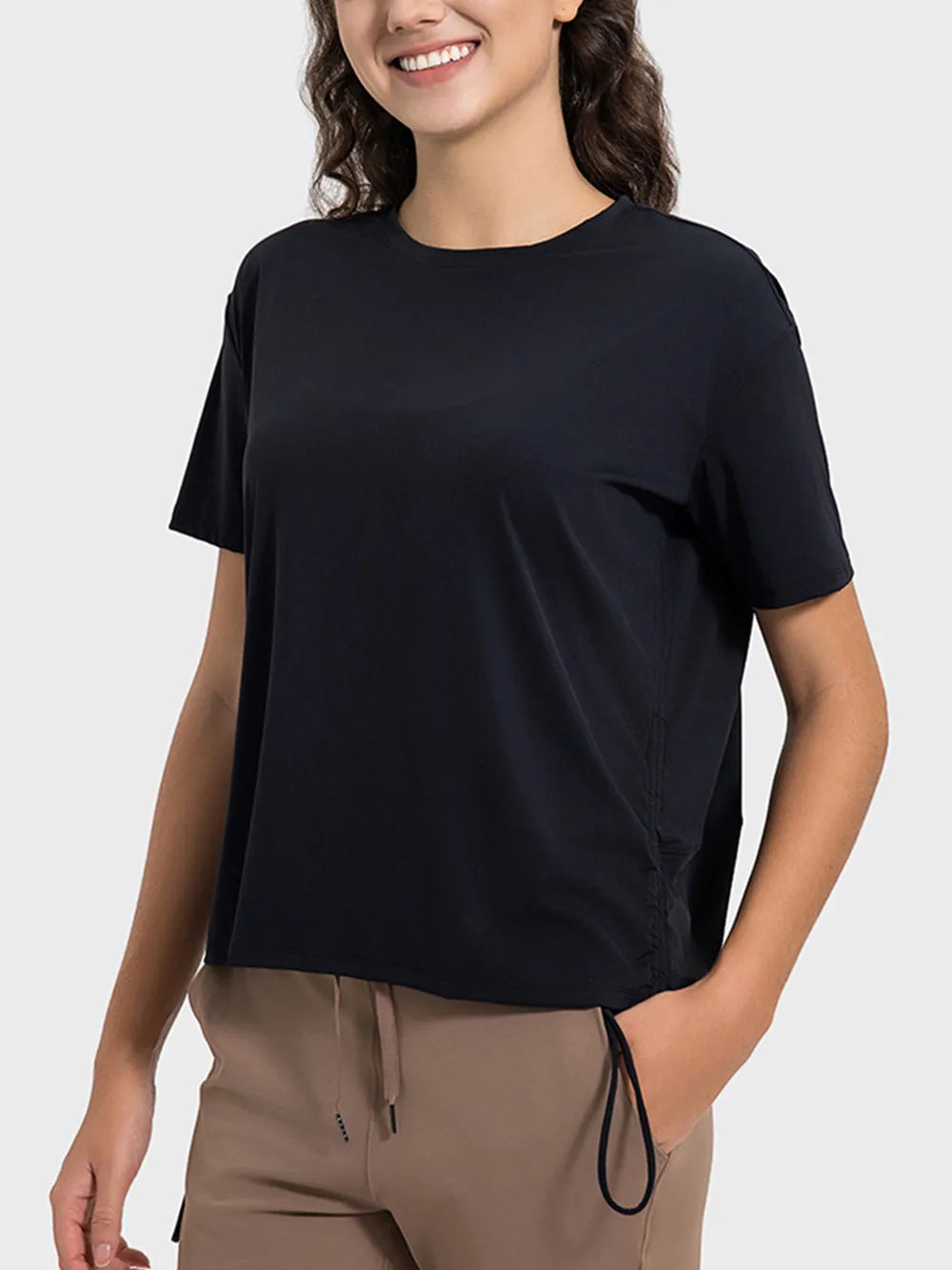 Millennia Drawstring Round Neck Short Sleeve Active T-Shirt - Ladyez