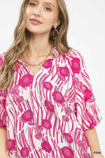 Umgee Floral Scalloped Edge Puff Sleeve Blouse with High-Low Curved Hem