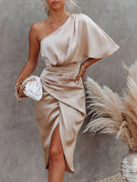 One-Shoulder Satin Wrap Dress with Side Slit - Ladyez
