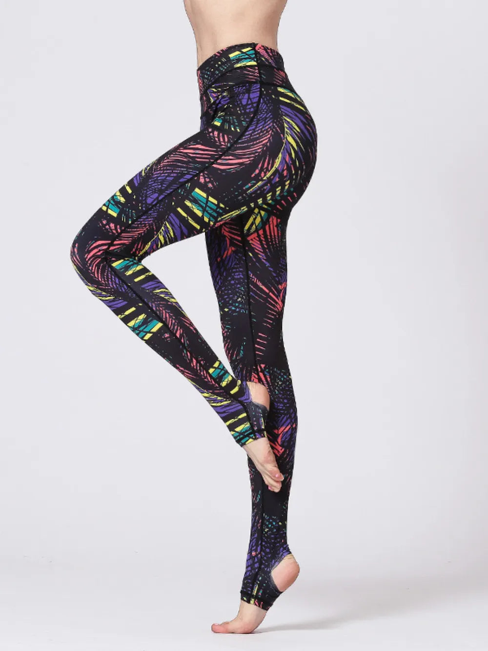 Printed Wide Waistband Active Leggings with Stirrups - Ladyez