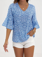 Floral Print V-Neck Bell Sleeve Blouse