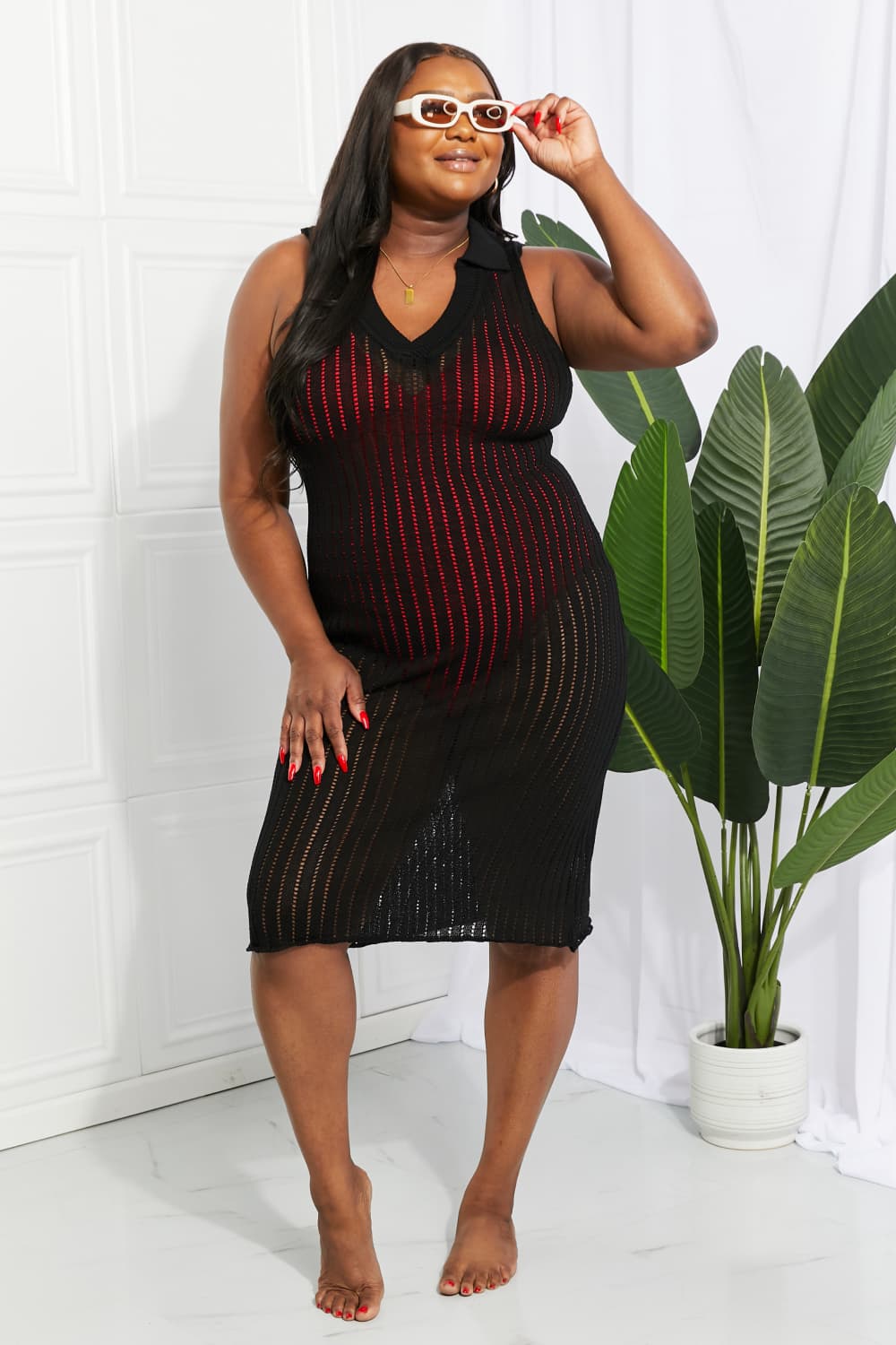 Openwork Johnny Collar Cover Up Dress - Ladyez