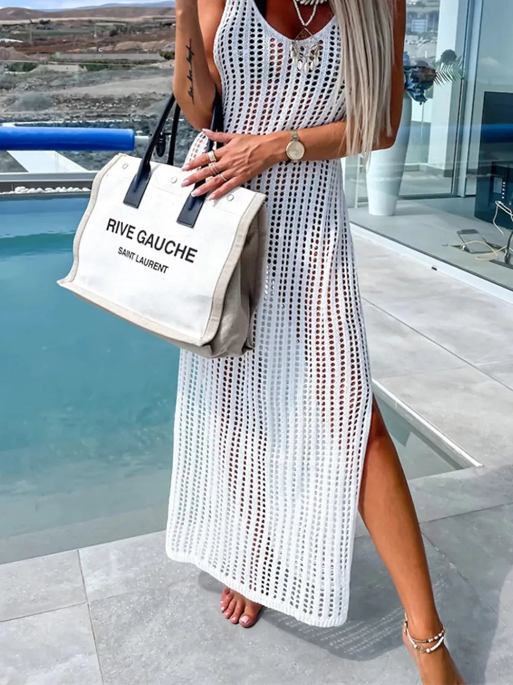 Openwork Slit Cutout Wide Strap Dress - Ladyez