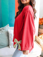 Floral Bow Patched Exposed Seam Patchwork Slit Baggy Sweatshirt