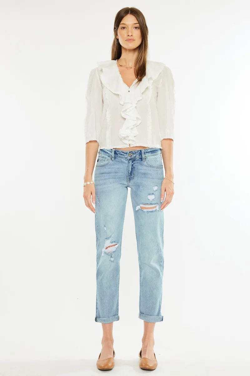 Kancan Mid Rise Distressed Boyfriend Fit Jeans - Ladyez