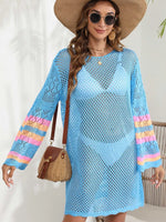 Openwork Contrast Long Sleeve Cover-Up - Ladyez
