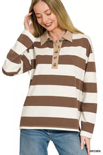 Zenana Striped Contrast Collar Polo Tee