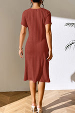Ivy Lane Ribbed Asymmetrical Neck Short Sleeve Dress - Ladyez