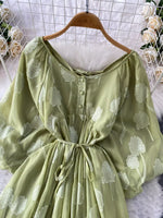 Button Front Puff Sleeve Chiffon Dress
