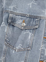 Bow Knot Print Light Wash Raw Hem Denim Jacket