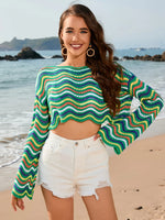 Striped Boat Neck Long Sleeve Cover Up - Ladyez