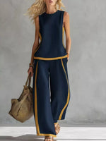 Full Size Contrast Stripe Sleeveless Top & Wide-Leg Pants Set Plus Size