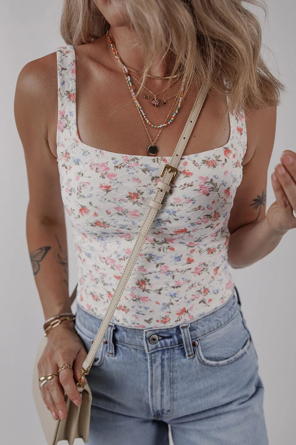 Floral Textured Square Neck Sleeveless Bodysuit - Ladyez