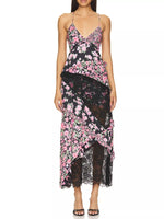 Lace Floral Print Ruffle Trim Maxi Dress