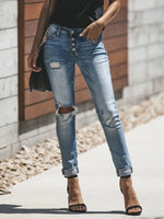 Distressed Button-Fly Skinny Jeans - Ladyez