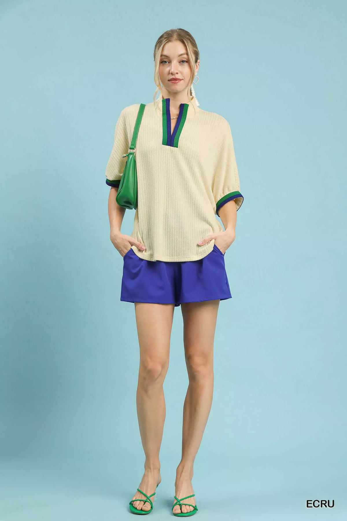 Umgee Textured Knit Top with Striped Contrast Trim
