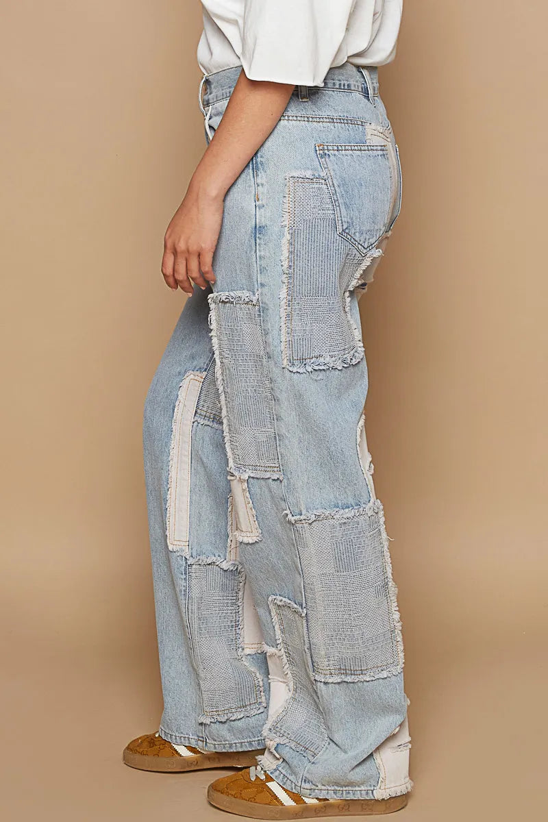 POL Contrast Patched Raw Hem Straight Jeans - Ladyez