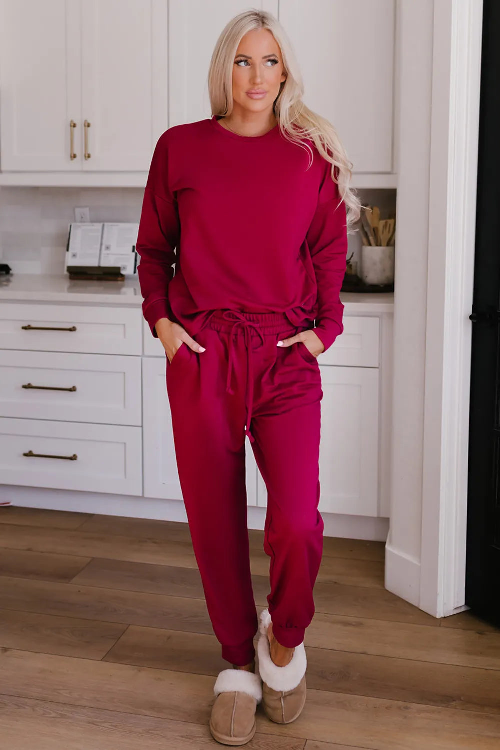 Round Neck Top and Drawstring Pants Lounge Set - Ladyez