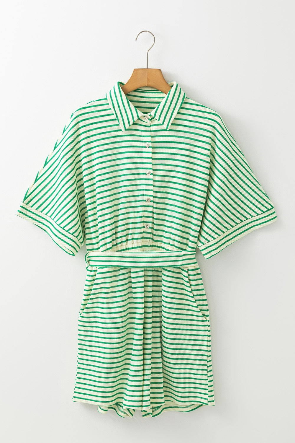 Striped Half Sleeve Tie Waist Romper - Ladyez