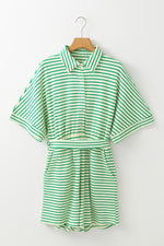 Striped Half Sleeve Tie Waist Romper - Ladyez