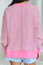 Stripe Textured Knit Color Block Trim Split Hem Long Sleeve Top