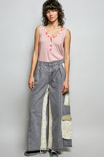 POL Ribbed V-Neck Tank with Contrast Floral Neckband
