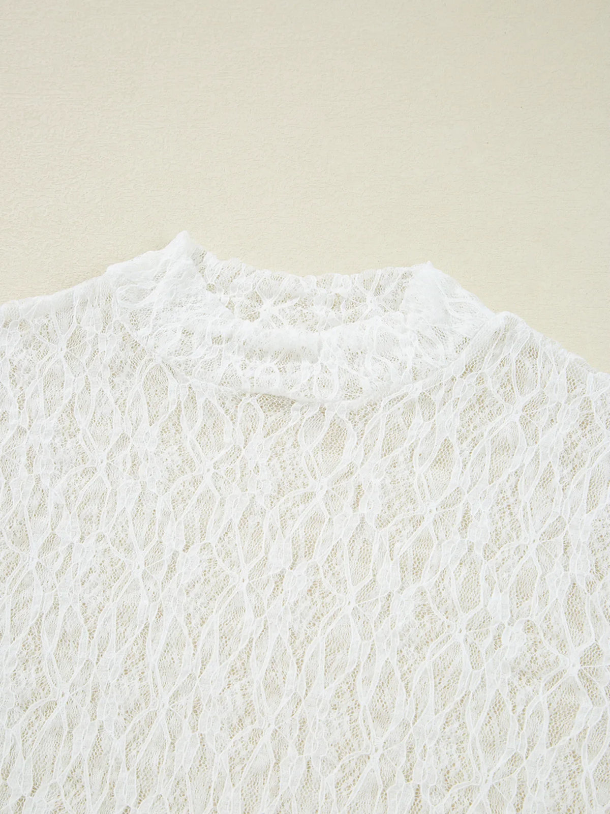 Sheer Lace Bell Sleeve Mock Neck Blouse