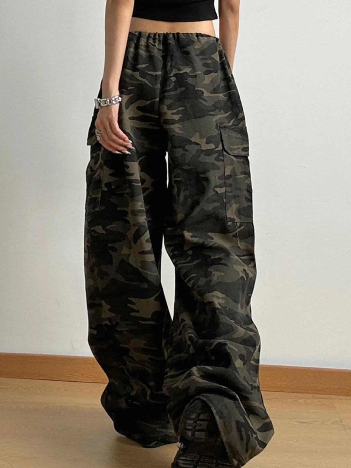 Drawstring Camouflage Cargo Wide Leg Jeans - Ladyez