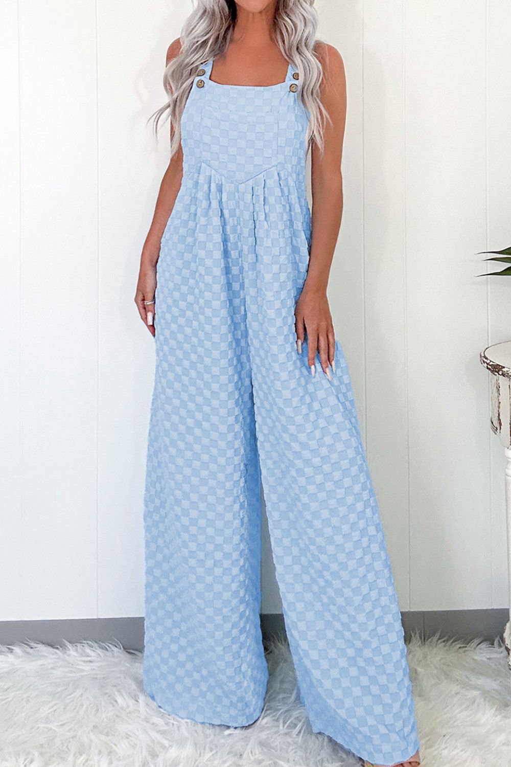 Checkered Pocketed Wide Leg Overalls - Ladyez