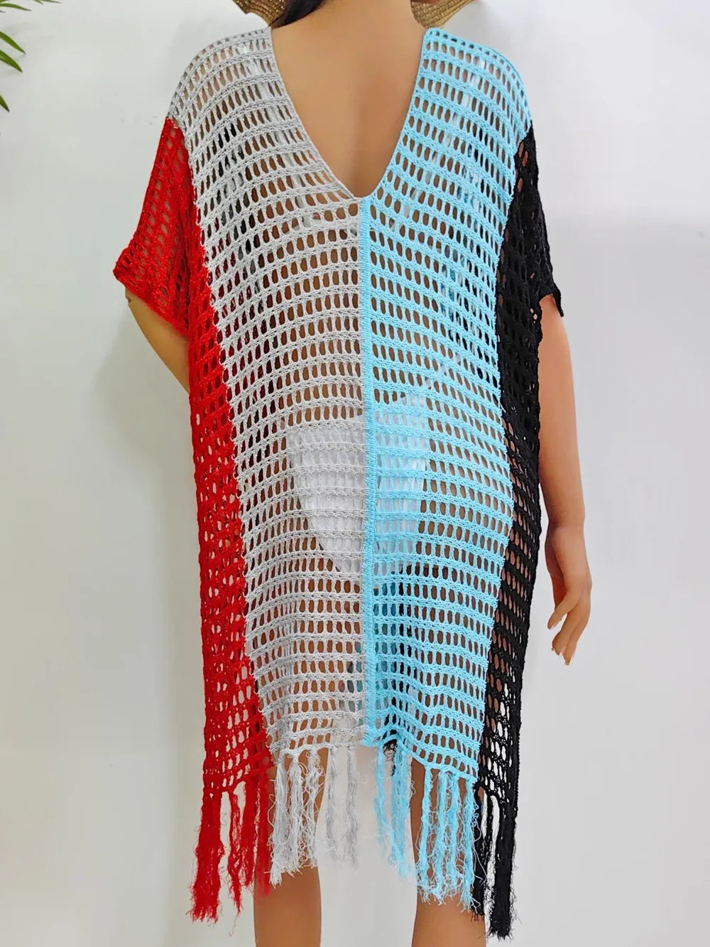 Fringe Color Block Scoop Neck Cover Up - Ladyez
