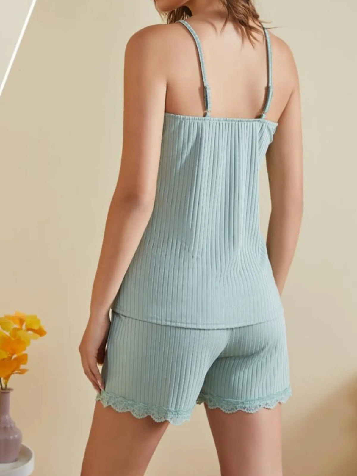 Lace-Trimmed Ribbed Cami and Shorts Lounge Set - Ladyez