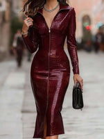 Full Size Crocodile Embossed Zipper Front Bodycon Midi Dress Plus Size