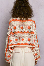POL Boat Neck Long Sleeve Crochet Top with Granny Square Weaving