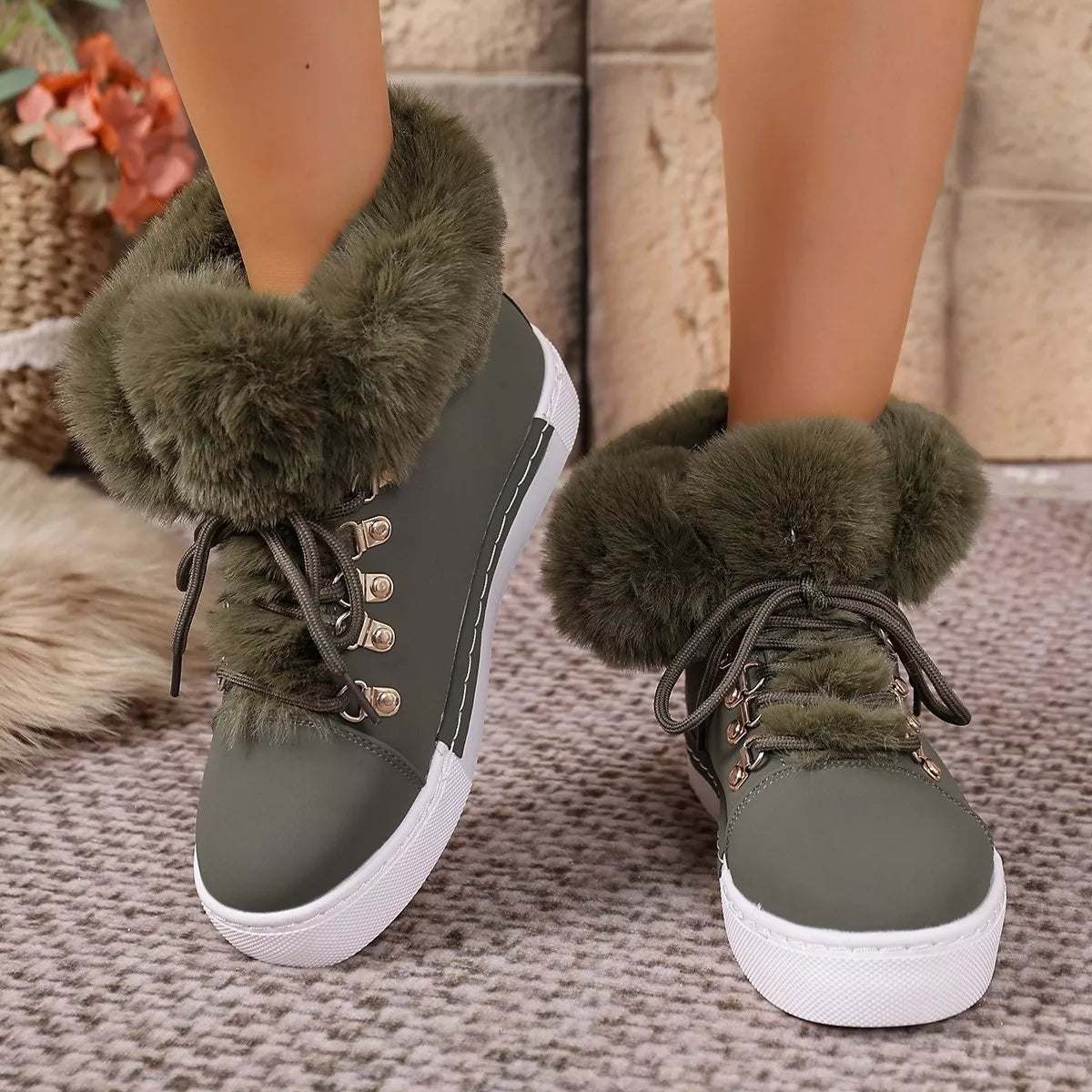 Fuzzy Trim Lace-Up Ankle Boots