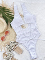 Ribbed Lace Up One-Piece Swimsuit - Ladyez