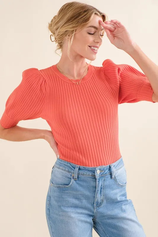 And The Why Puffed Half Sleeve Rib Basic Bodysuit - Ladyez