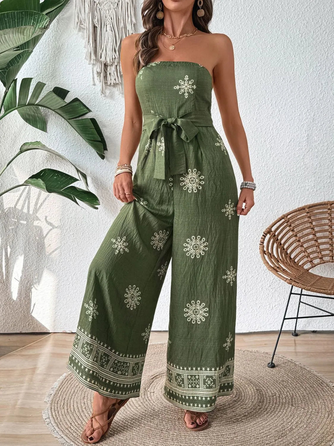 Printed Wide Leg Tube Jumpsuit - Ladyez