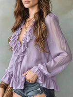 Ruffle V-Neck Long Sleeve Blouse