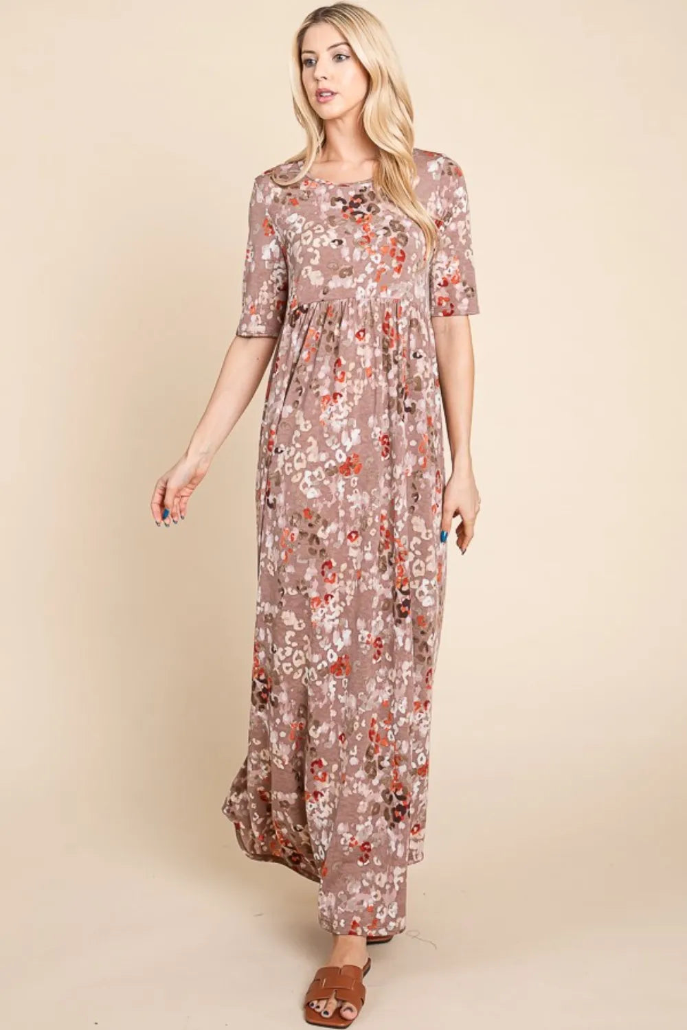 BOMBOM Printed Shirred Maxi Dress - Ladyez